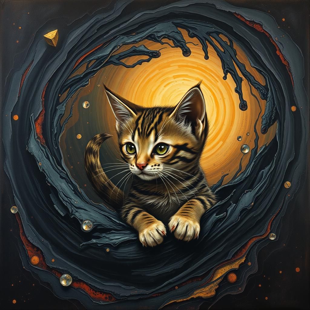 Kitten Emerges from Impasto Vortex in Heavy Metal Style