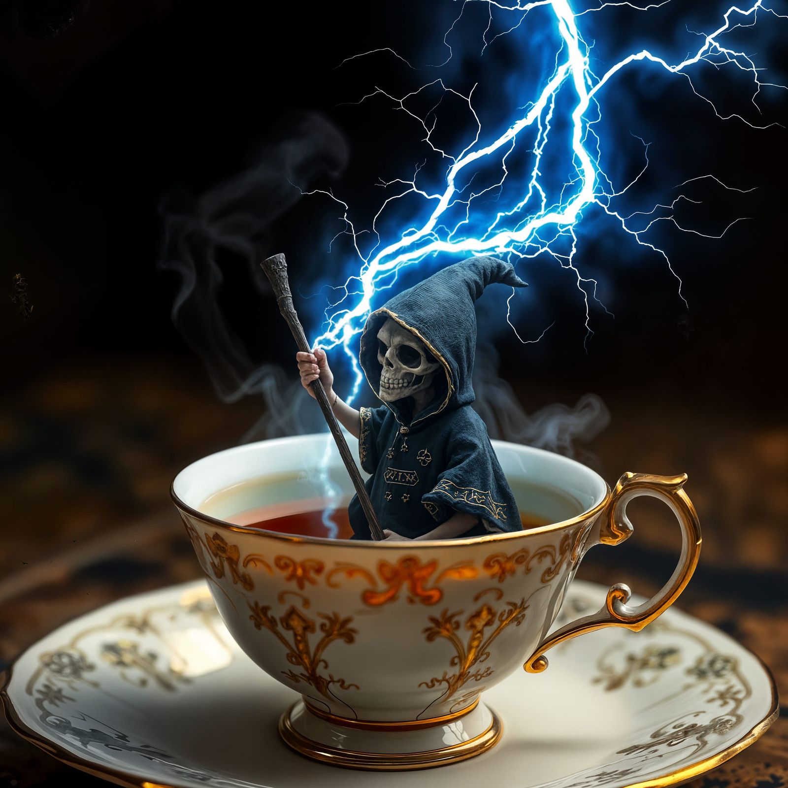 Miniature Skull Wizard Conjures Lightning in Teacup