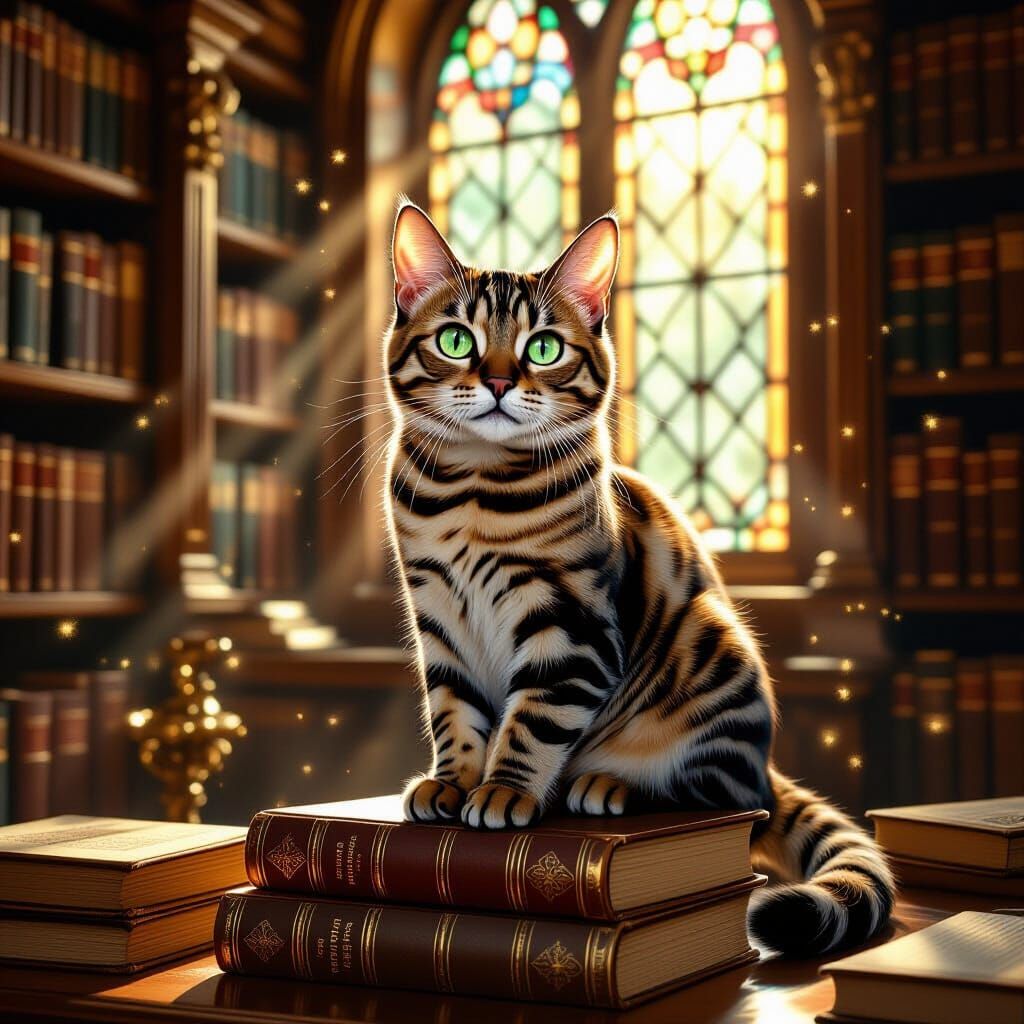 Bengal Cat in Library, Hyperrealistic Digital Art