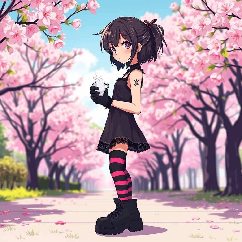 Gothic Emo Girl in Vibrant Morning Park