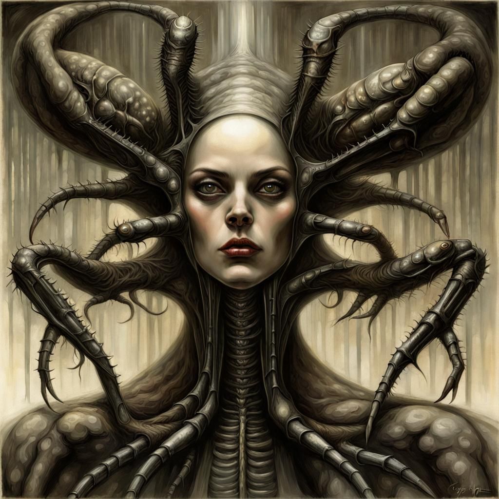 Nightmarish Daemon Fusion in a Sinister Biomechanical Style