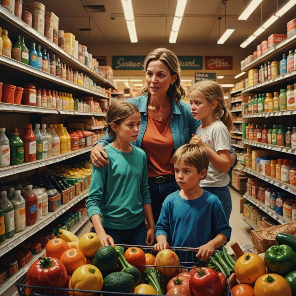 Chaotic Family Grocery Shopping in Oil Painting Style