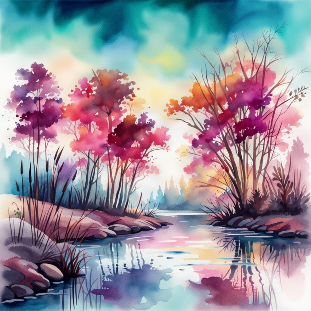 Dreamlike River Forest in Watercolor Cartoon Style