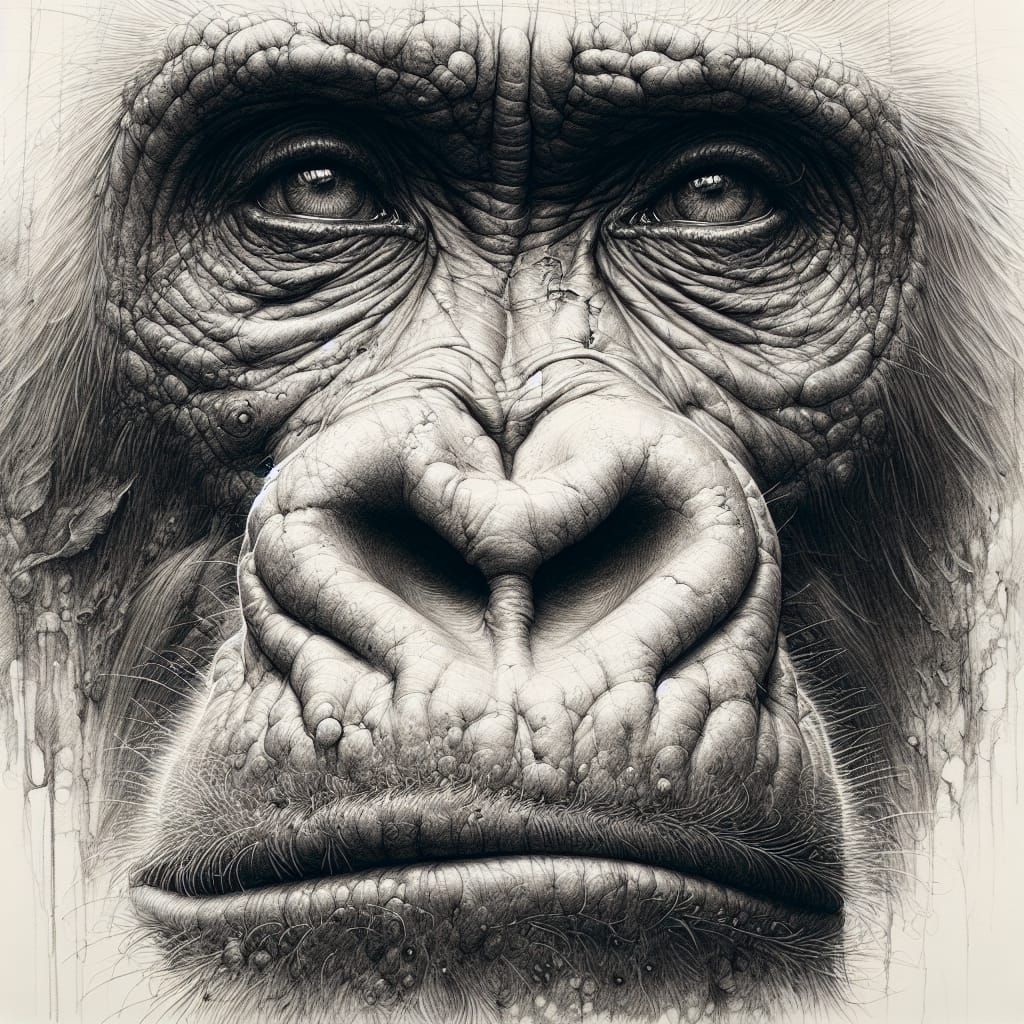 Aged Gorilla Portrait in Sketch-Style Drawing