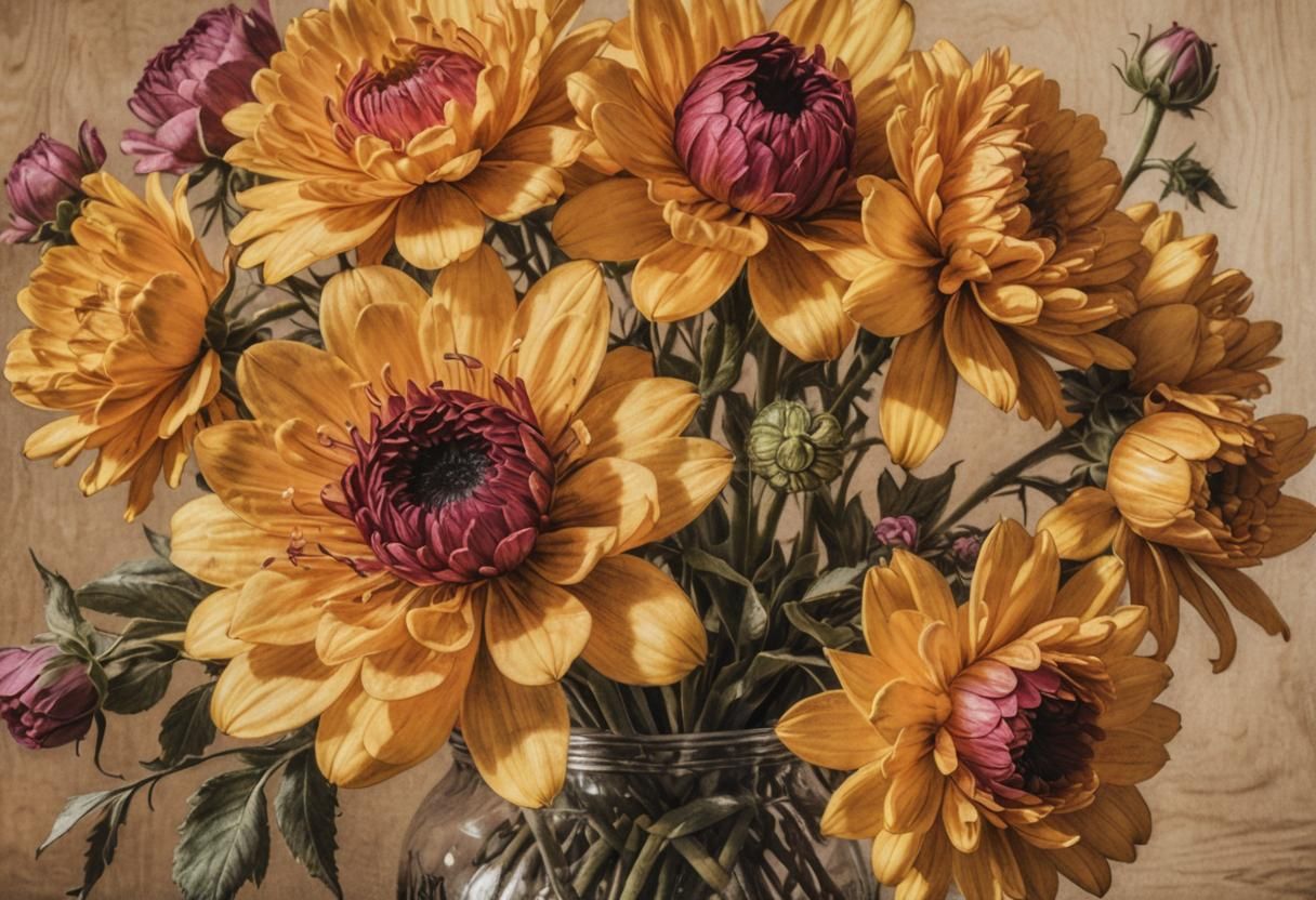 Hyper-Realistic Charcoal Drawing of Flowers in Vase