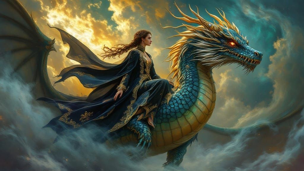 Regal Dragon Rider in Dark Fantasy Style