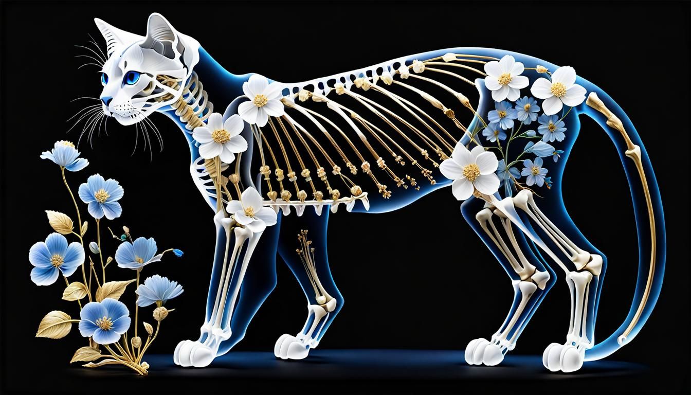 perfect cat skeleton, see through, digital art, shishkin, black background, floral transparency, gold line, transparent ...