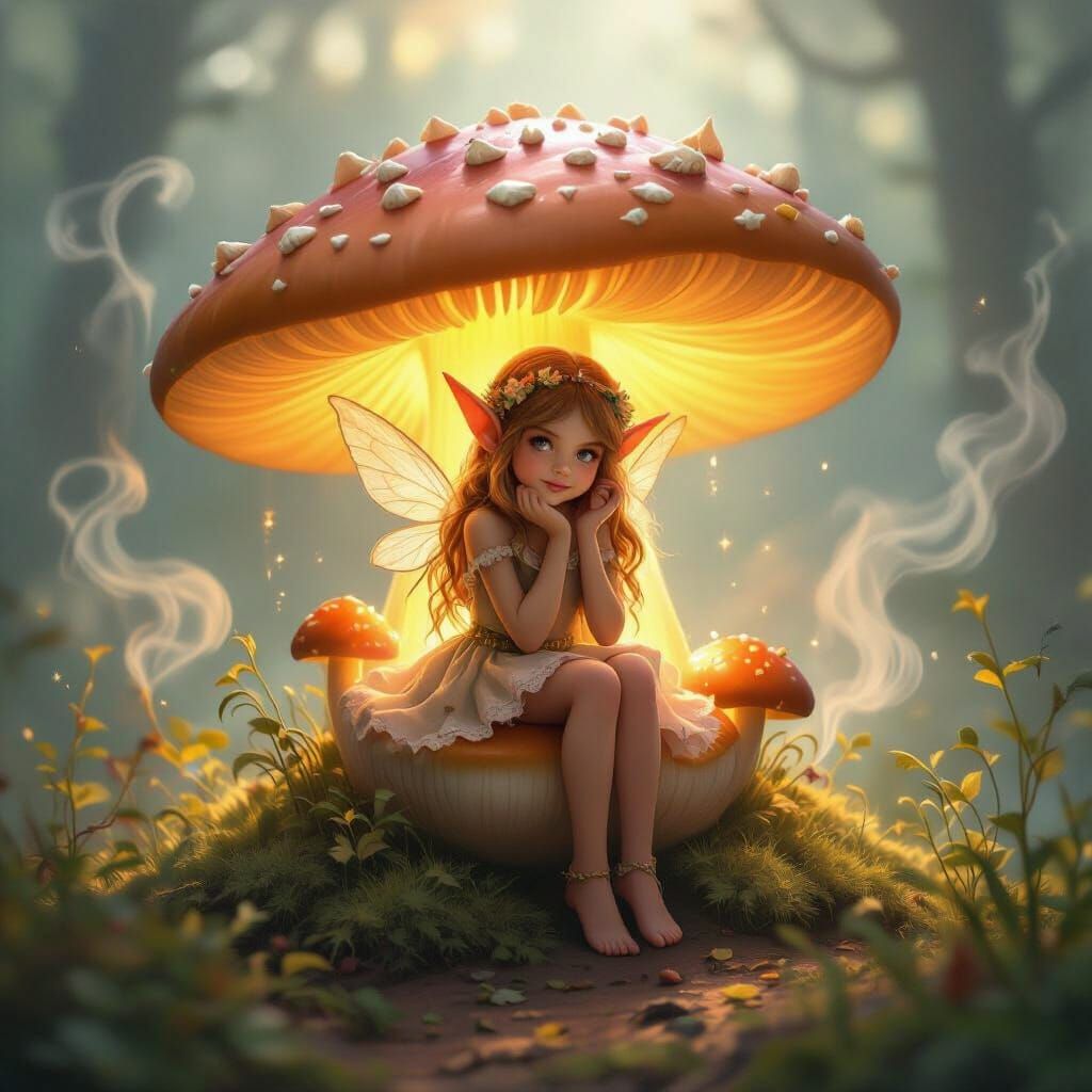 Miniature Elf Girl in Glowing Mushroom