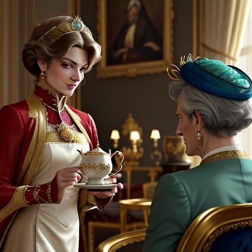 The tea-boy serving tea to the queen with a sparkle in his eyes and a mischievous smirk, exuding confidence and charm