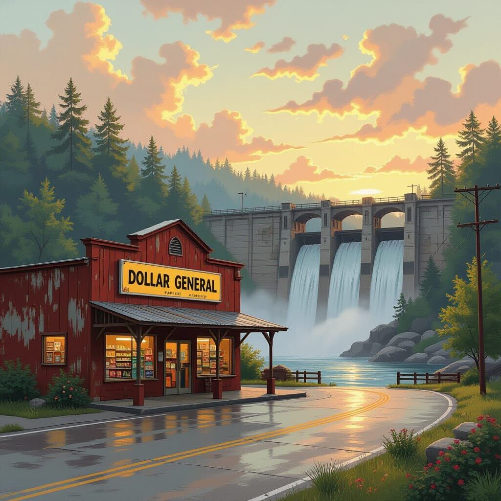 Dollar General Beside Dam in Atmospheric Lighting