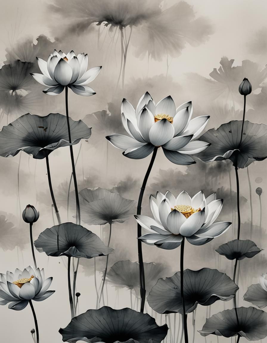 Chinese ink painting style lotus flowers ...