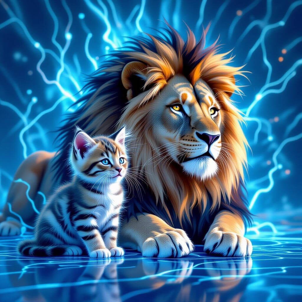 Electric Kitten and Lion in Futuristic Landscape