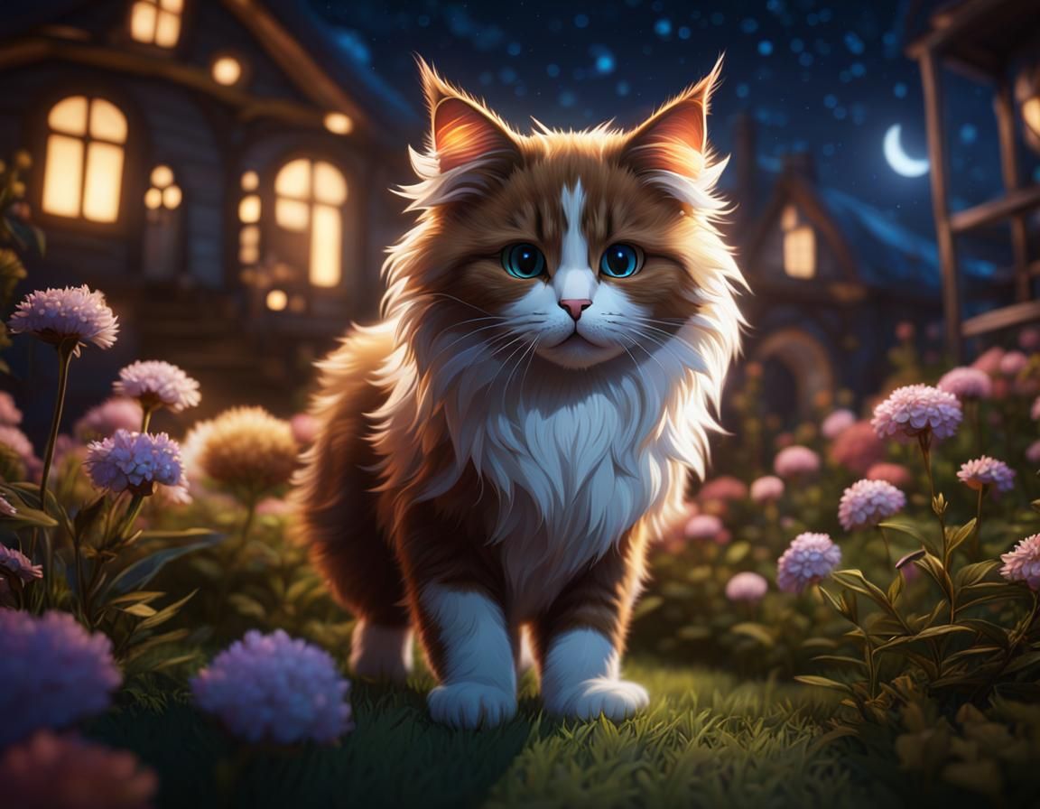 Fantasy Cat Ambles Under Night Sky