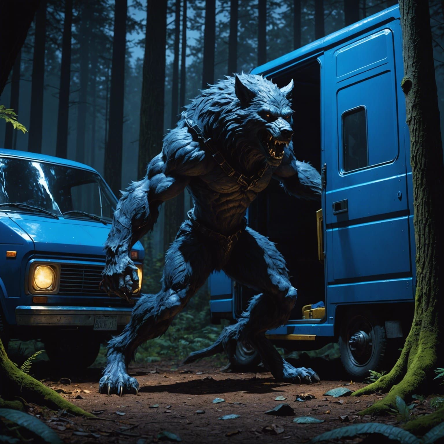 A tall werewolf ripping off a blue van door, at night, in th...