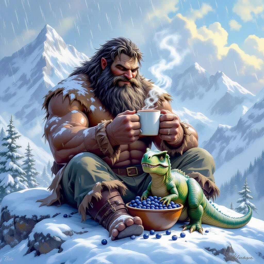 Giant Enjoys Hot Chocolate With Pet T-Rex on Snowy Mountain