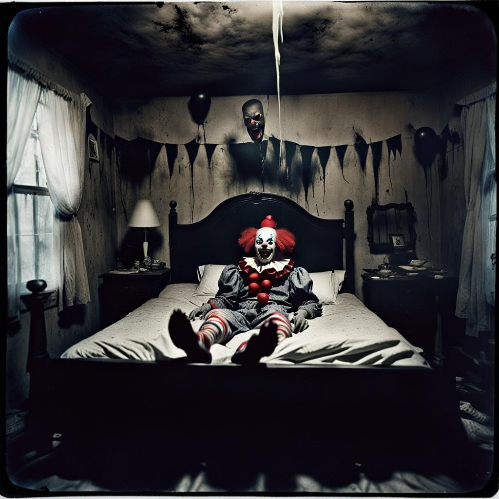 Creepy Clown Looms in Dark Bedroom