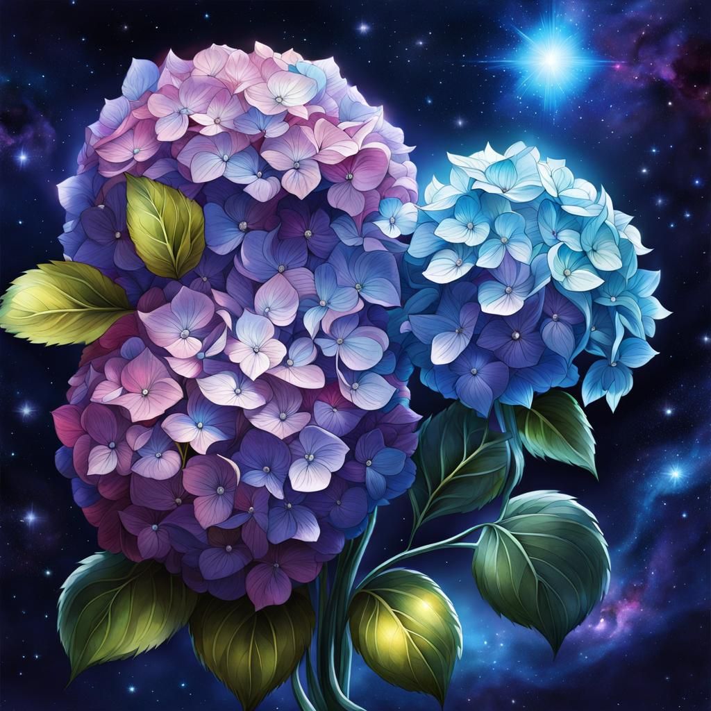 Sapphire Hydrangea Flowers in Space, Anime Style