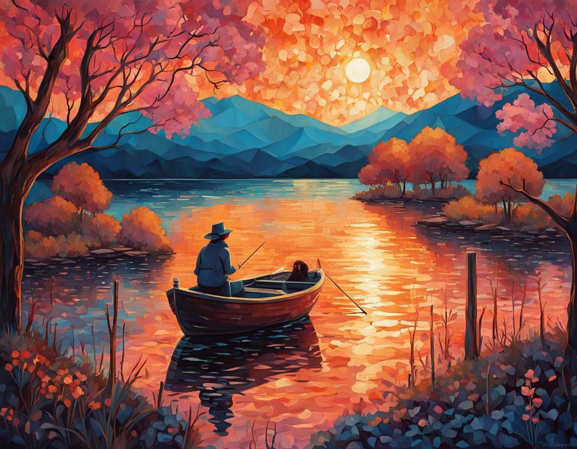 Ethereal Fantasy Lakeside Sunset in Gilded Oil Painting Styl...