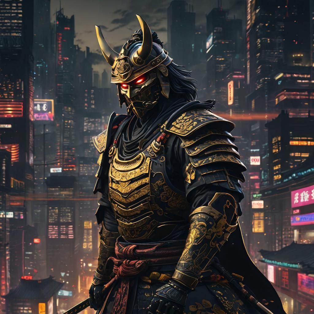 Epic Samurai in Cyberpunk Cityscape: Ukiyo-e Style