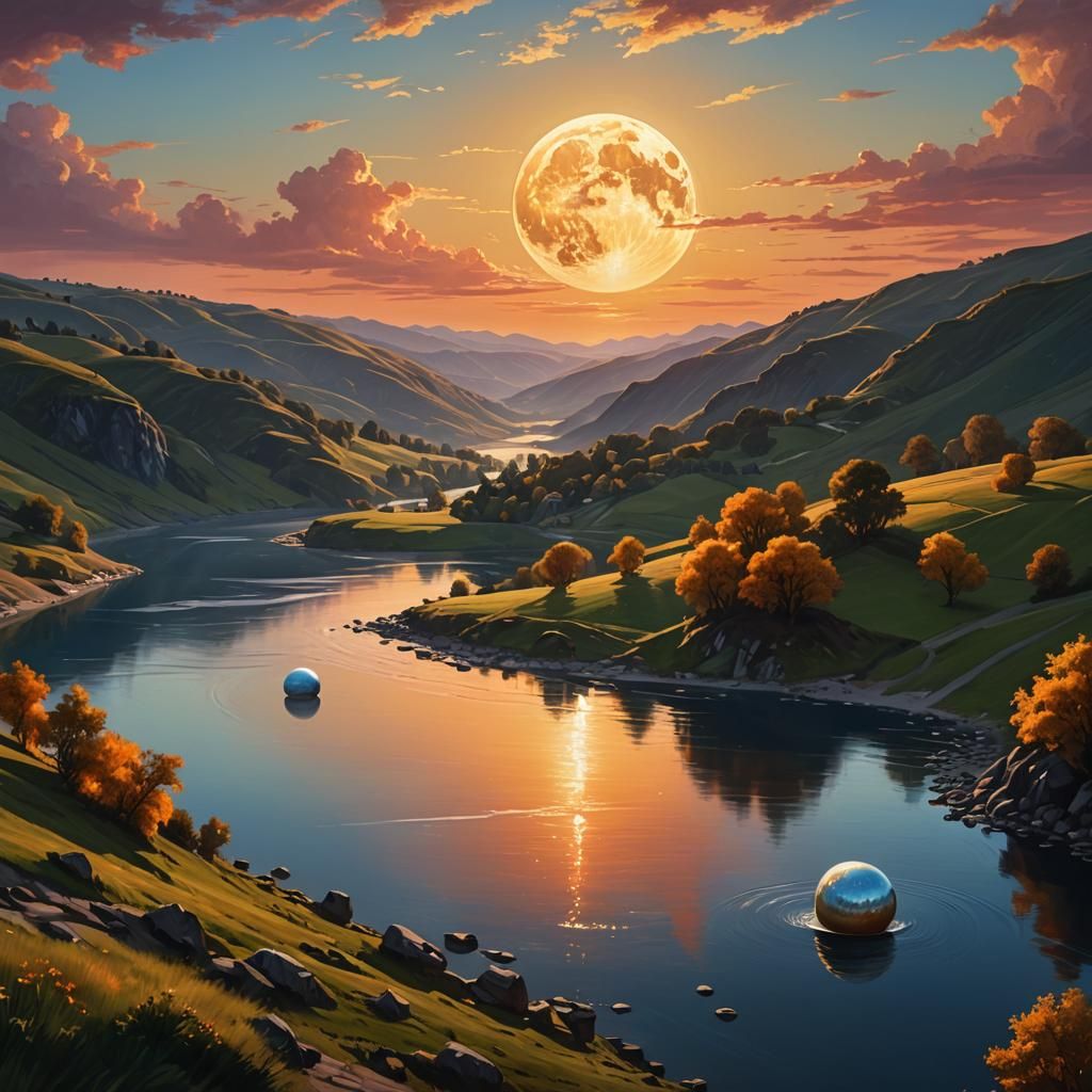 Moon Rolling Downhill in Surreal Digital Art
