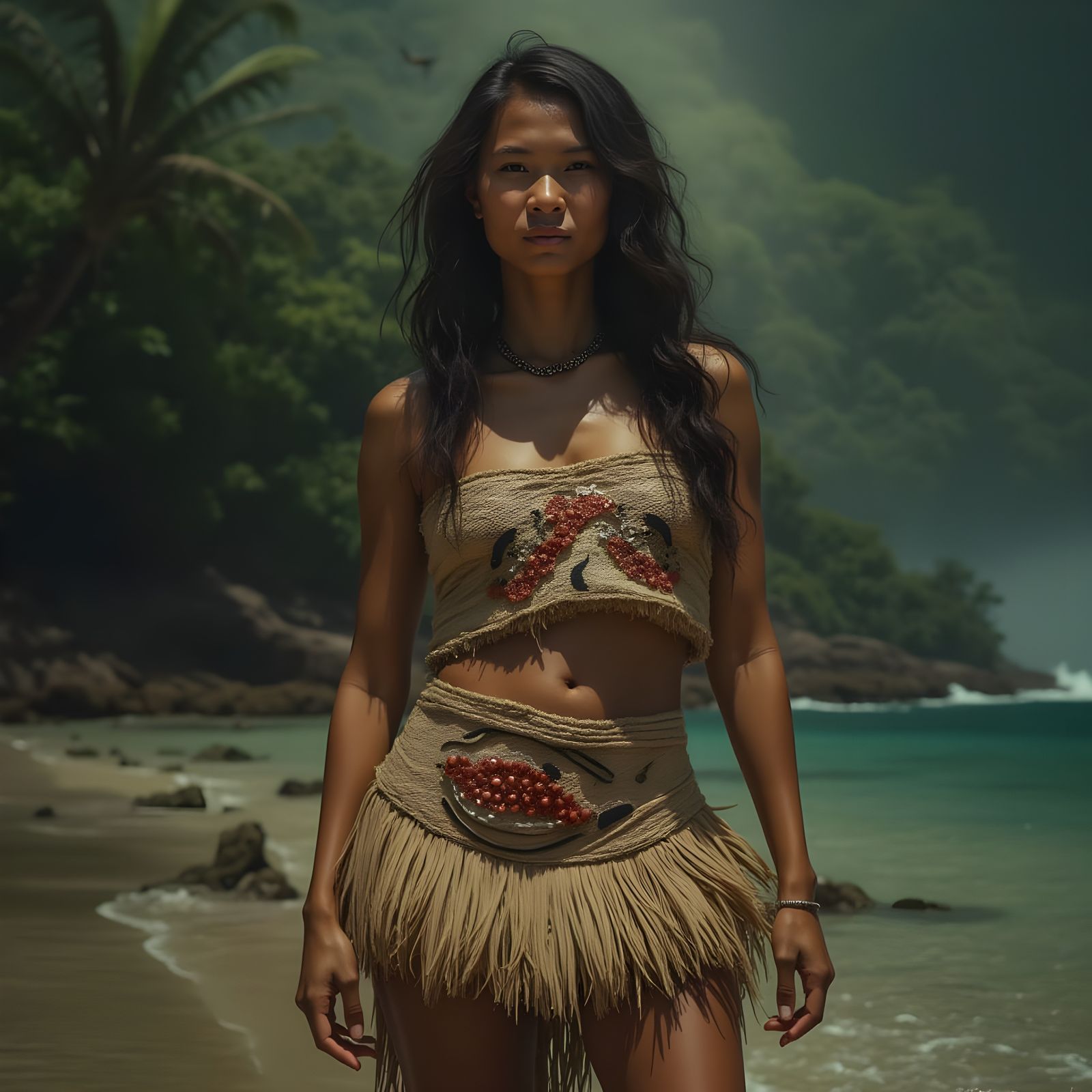 Papua New Guinean River Spirit in Tapa Cloth Attire