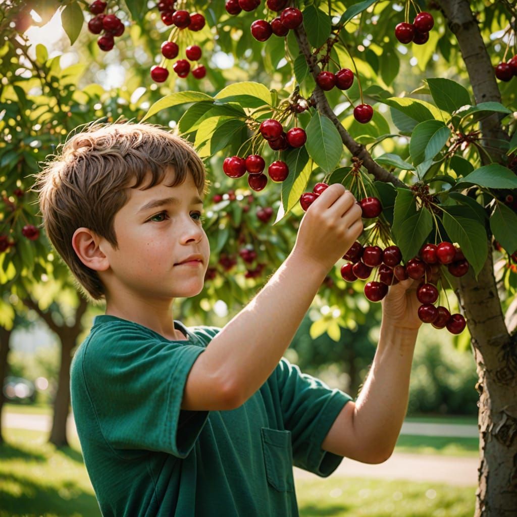 Boy Picking Cherries in Sunlight: Natural Photography