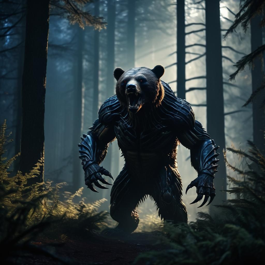 Bear-like Xenomorph Emerges from Shadows in Cinematic Style