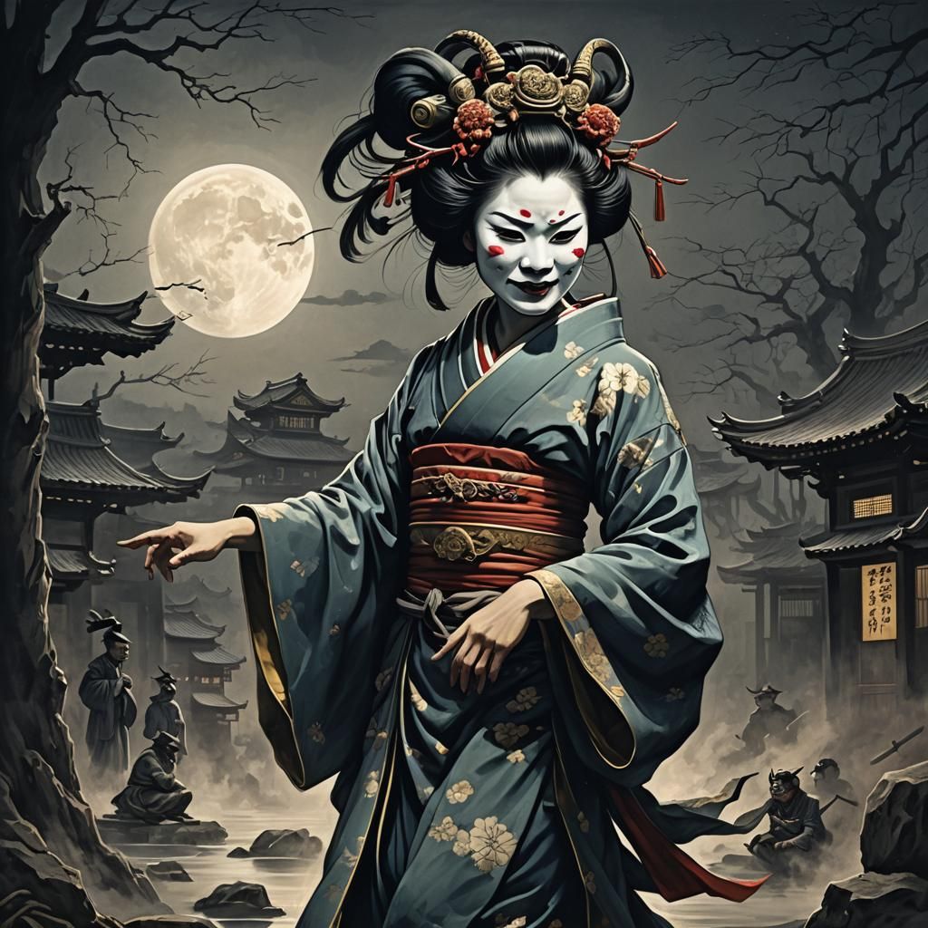 Geisha in Oni Mask Dancing in Moonlight