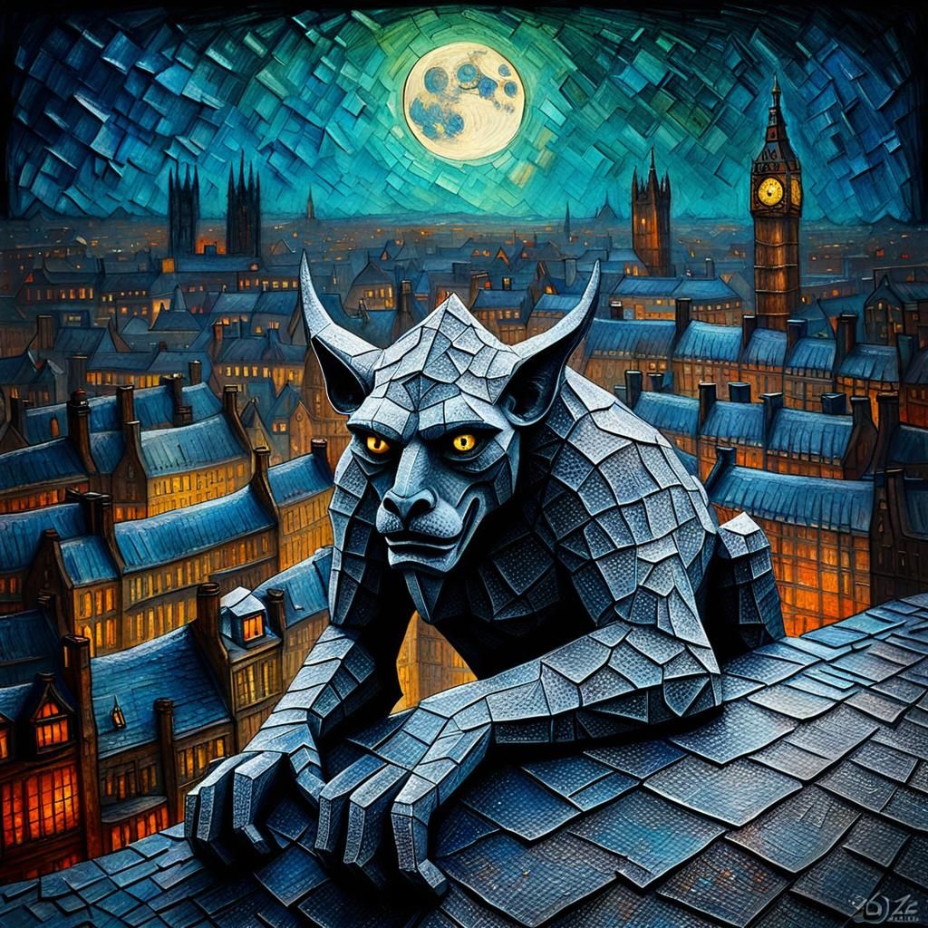 Glowing Gargoyle Over Old London in Mixed Media