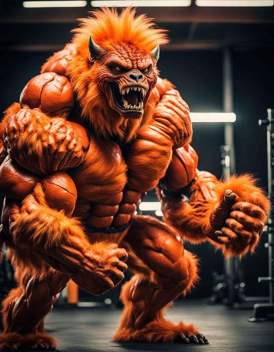 Orange monster massive muscular muscle Man with lots of fur