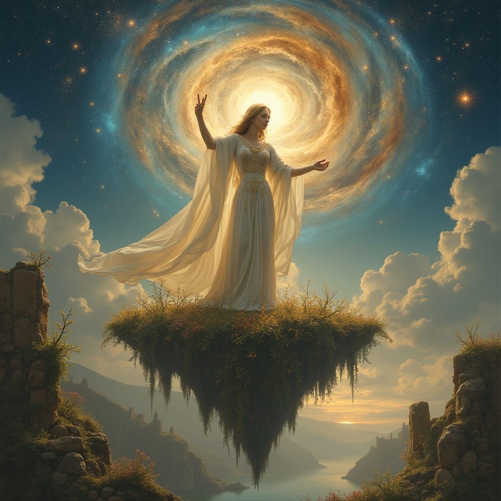 Celestial Goddess in Ethereal Robes on Floating Island
