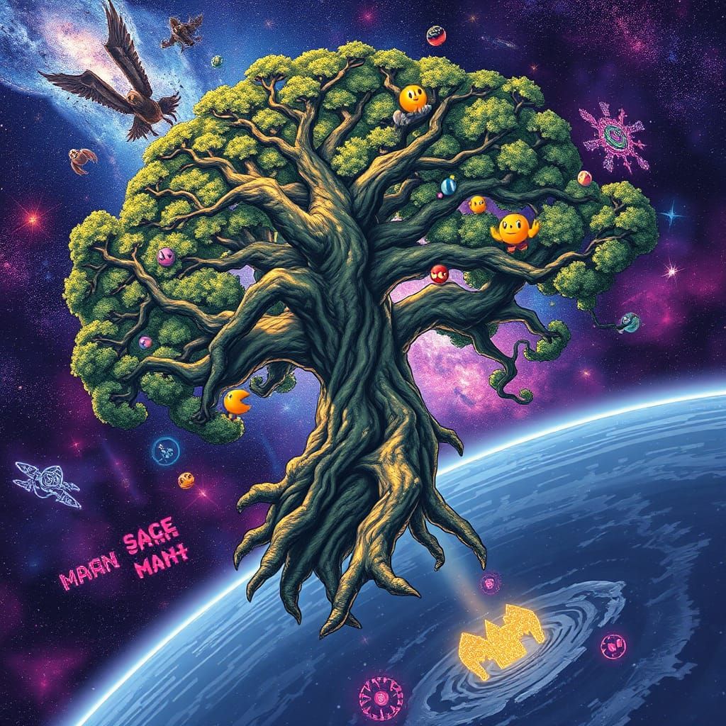 Cosmic Tree Soaring Through Galaxy with Video Game Icons