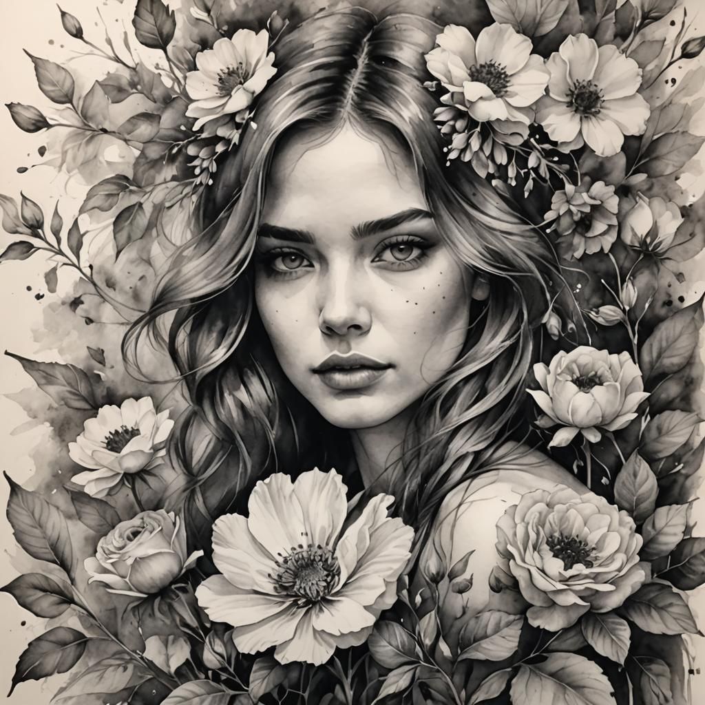 Hyperdetailed Charcoal Drawing of Woman with Flowers