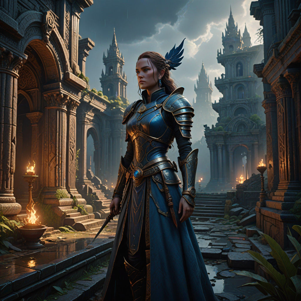 Regal Warrior Amidst Ancient Ruins in Mystical Realism
