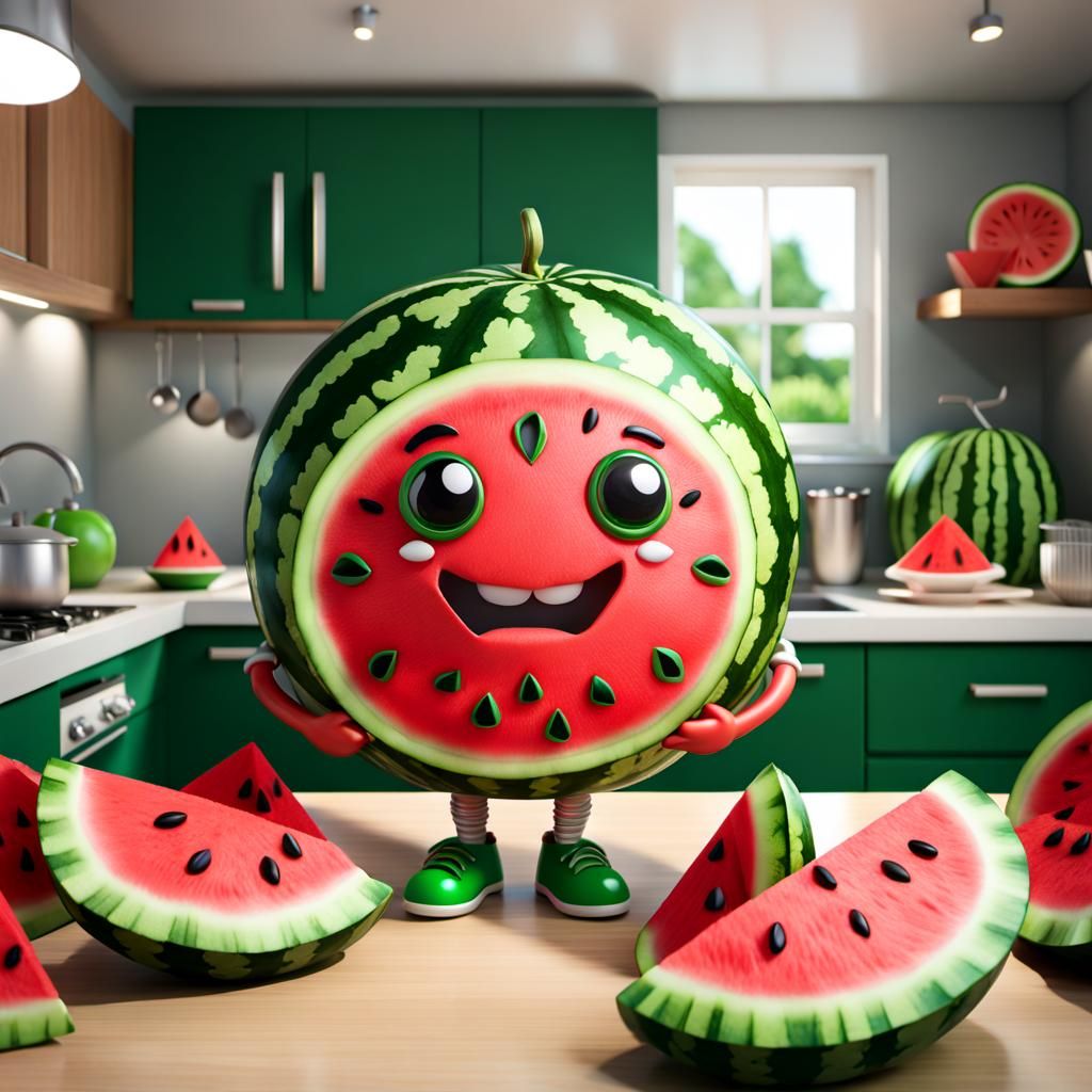 Adorable Chibi Watermelon Character in Hyperrealism