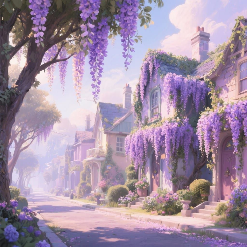 Pastel Wisteria Street Fantasy Concept Art