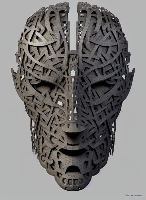 Faceted Golem Face in Rune Slices: Digital Art