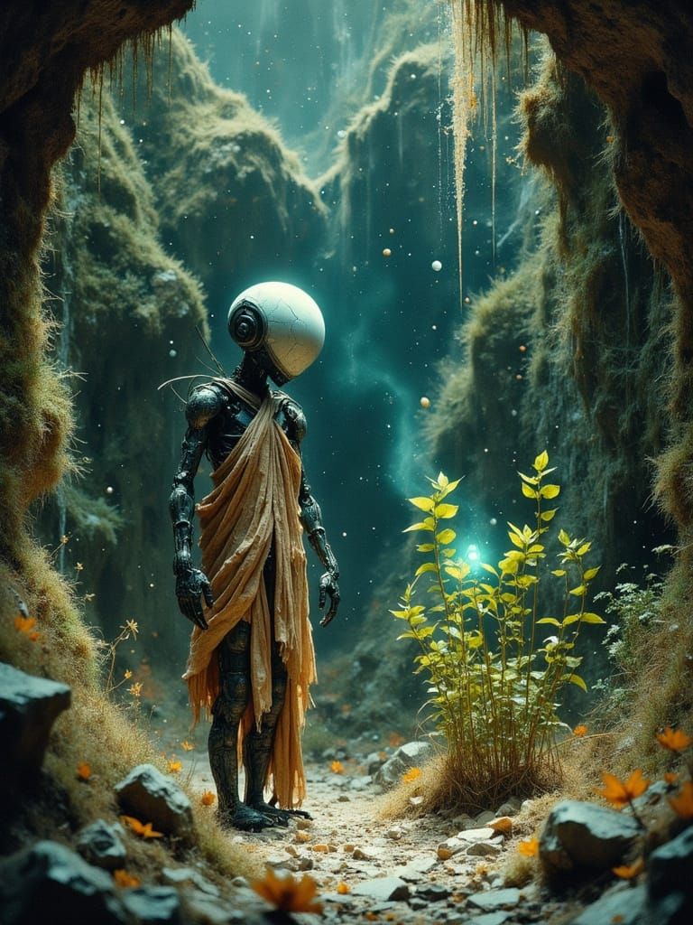 Ancient Robot Gardener in Hidden Cavern: Digital Art