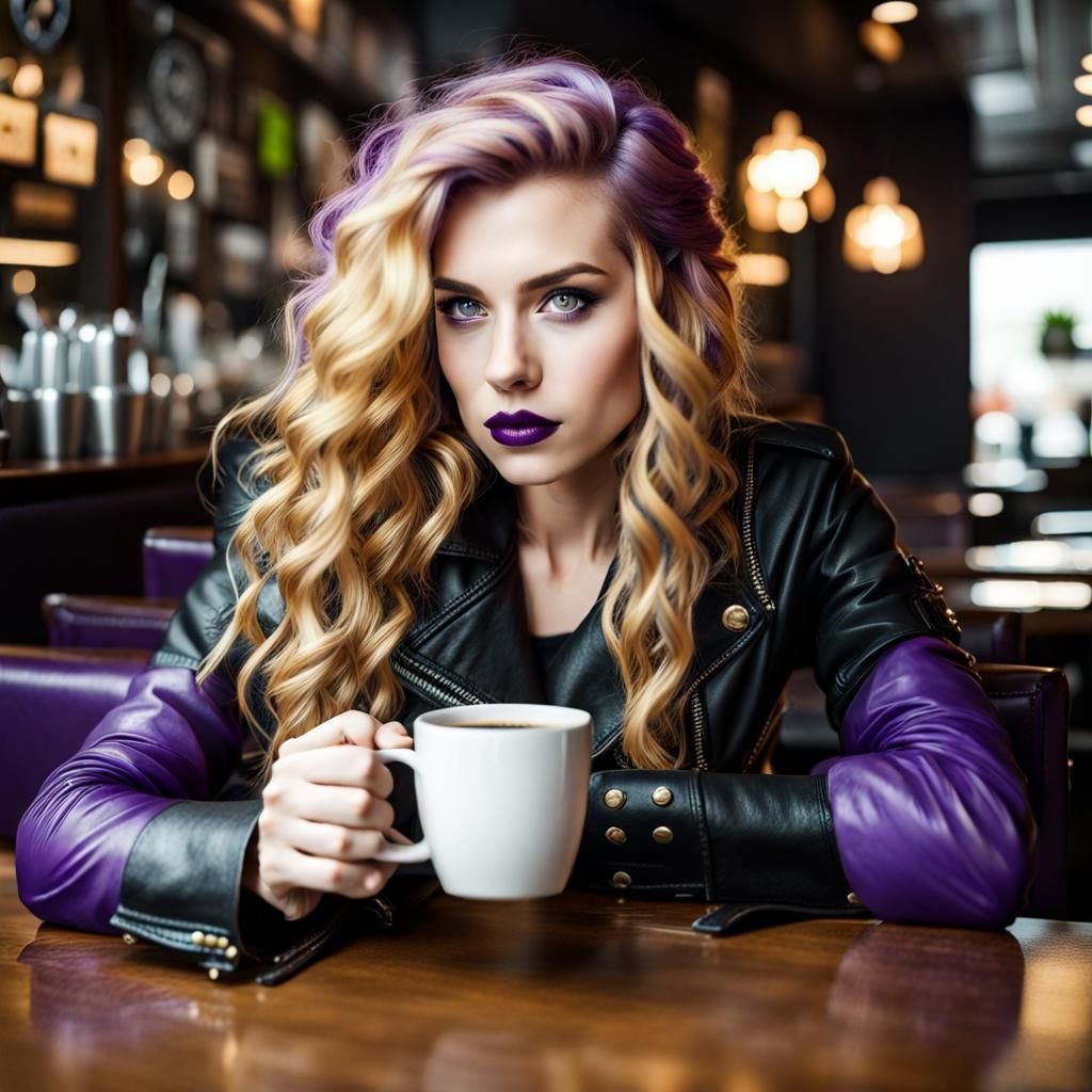 Viking Woman with Purple Hair in Cafe
