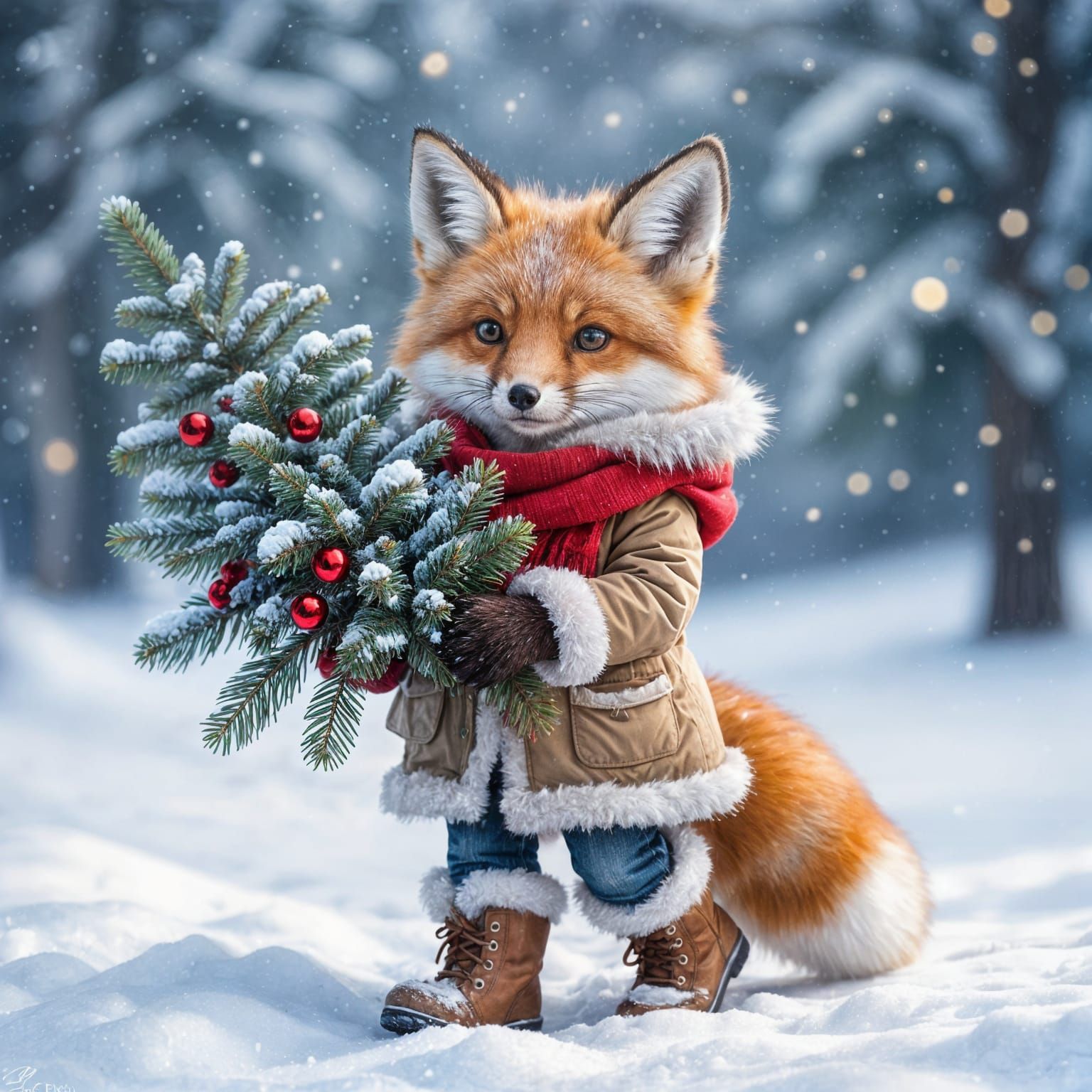 Cute Winter Fox with Christmas Tree, Magical Sparkles