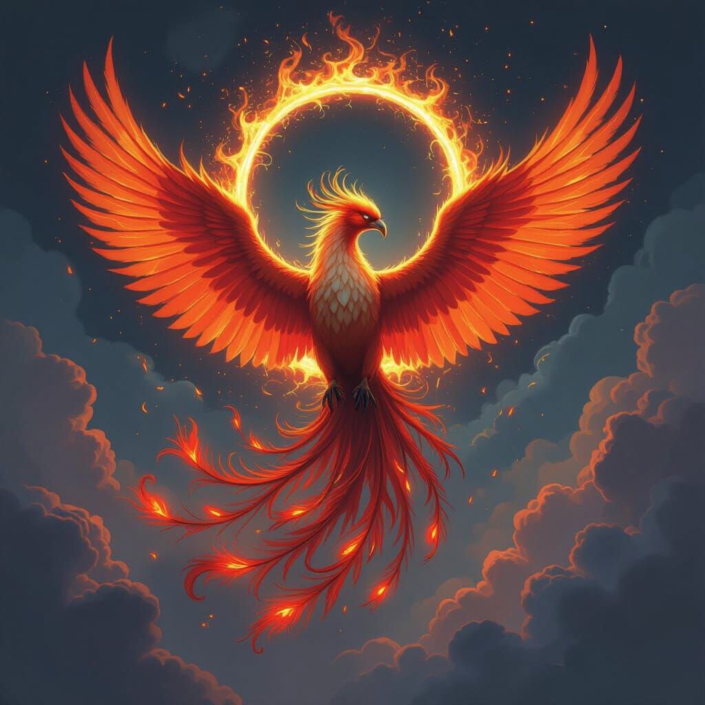 Majestic Phoenix in Dark Halo, Fantasy Art