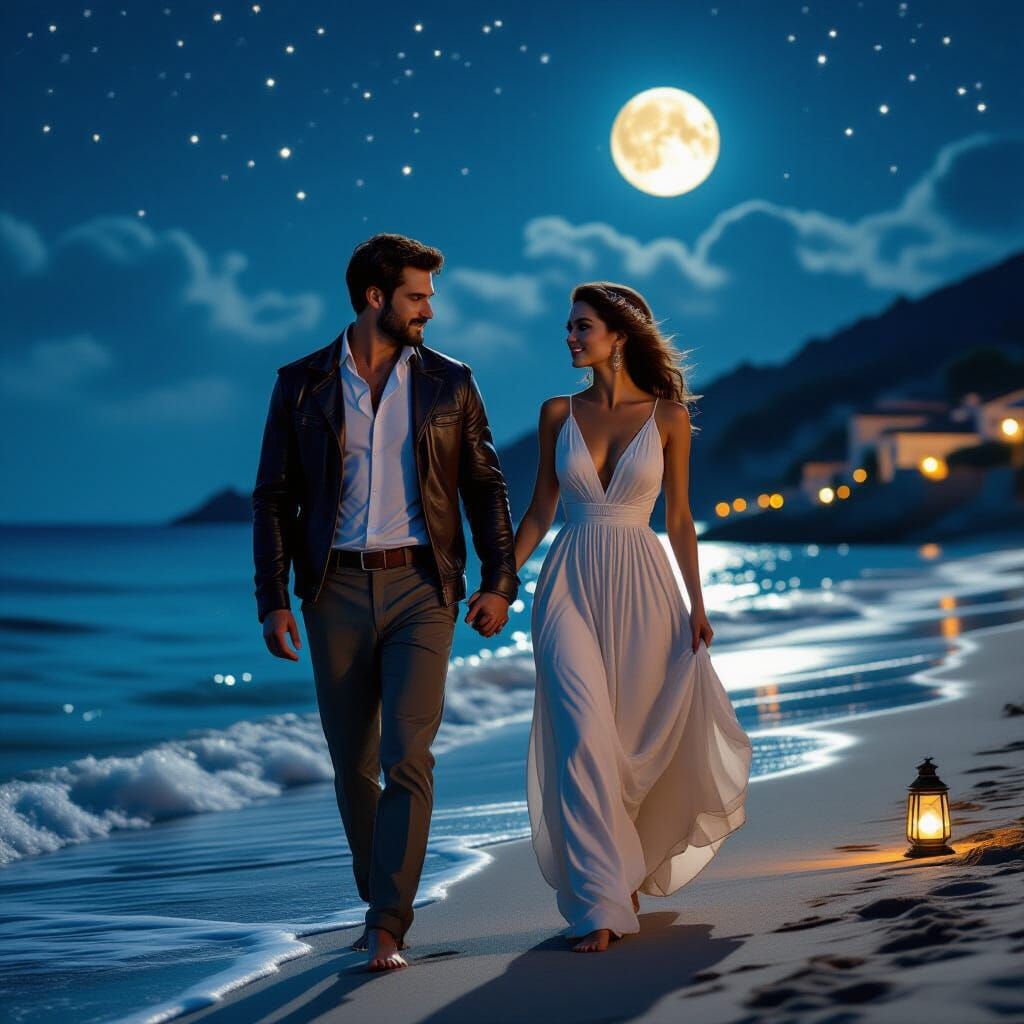 Romantic Mediterranean Beach Walk Under Moonlight