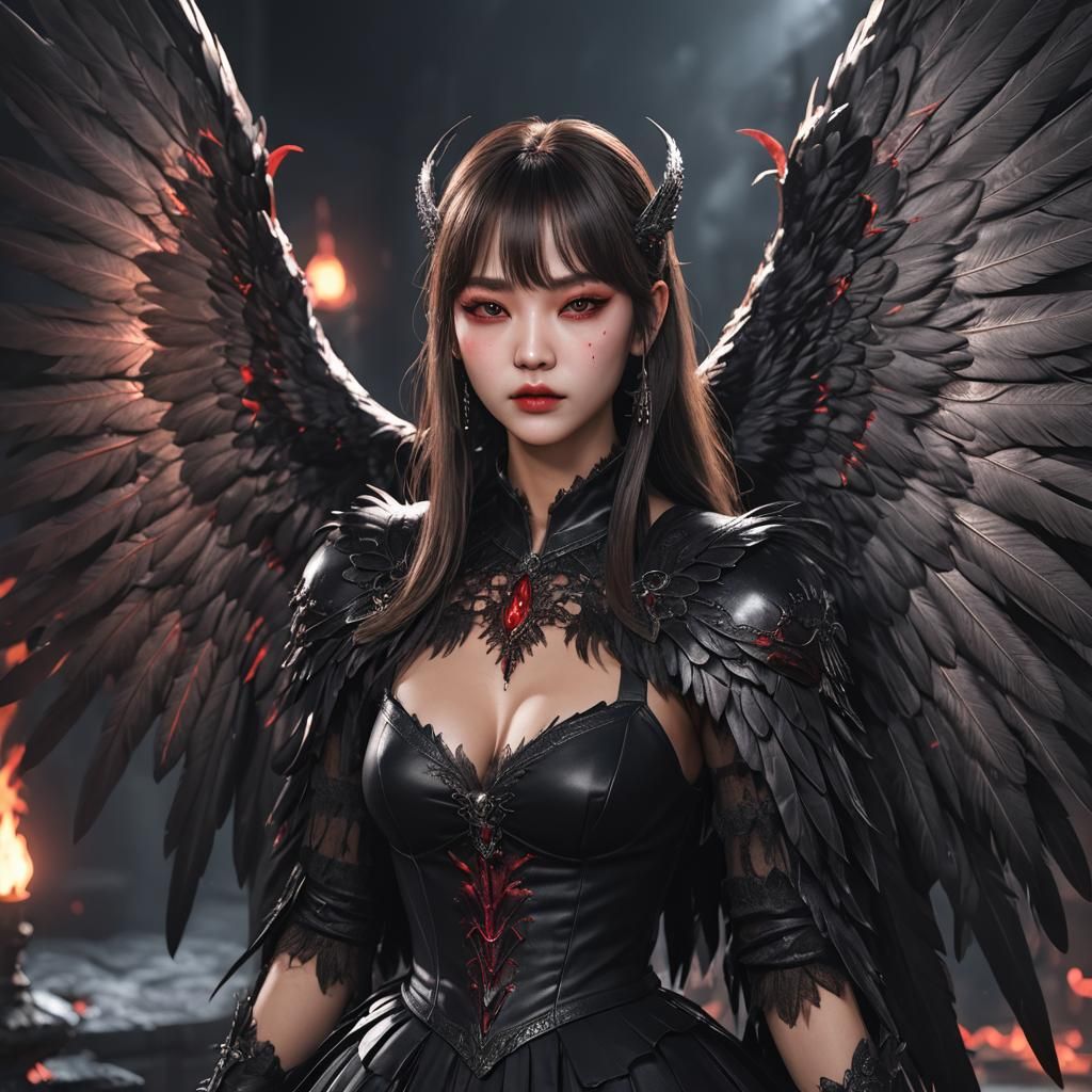 Korean Vampire Girl with Black Angel Wings