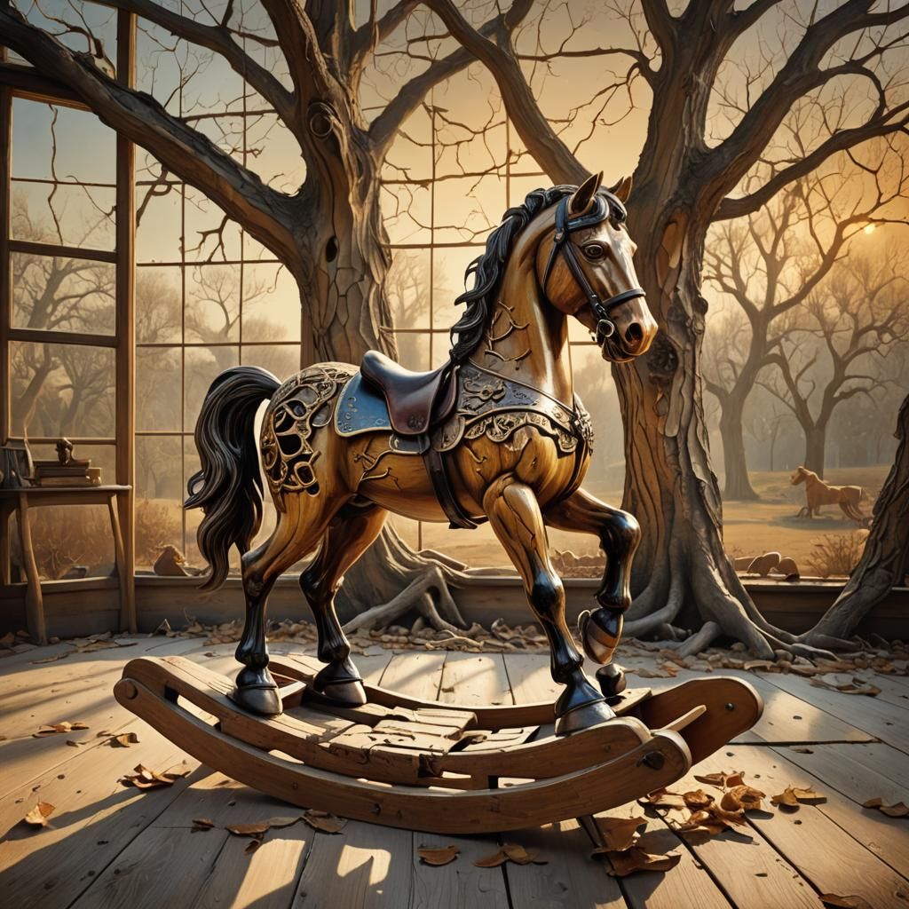 Surreal Antique Rocking Horse in Dreamlike Setting
