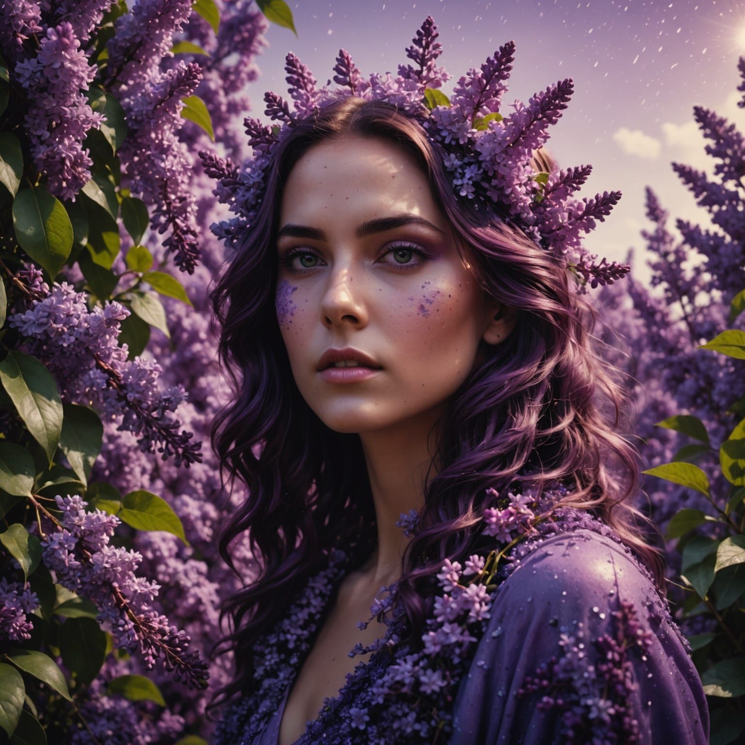 Ethereal Spring Goddess Rises from Vibrant Lilac Bushes