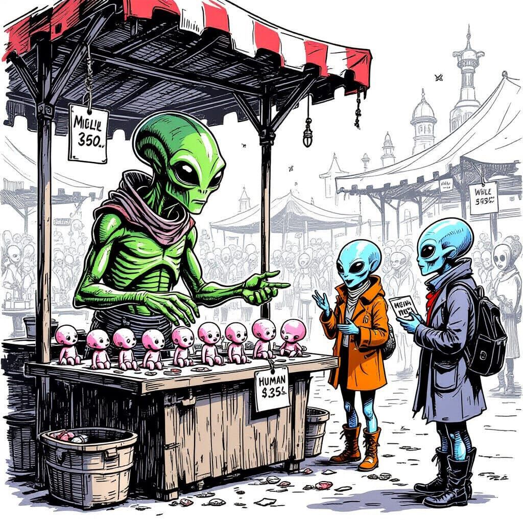 Alien Marketplace: Humans for Sale, Satirical Illustration