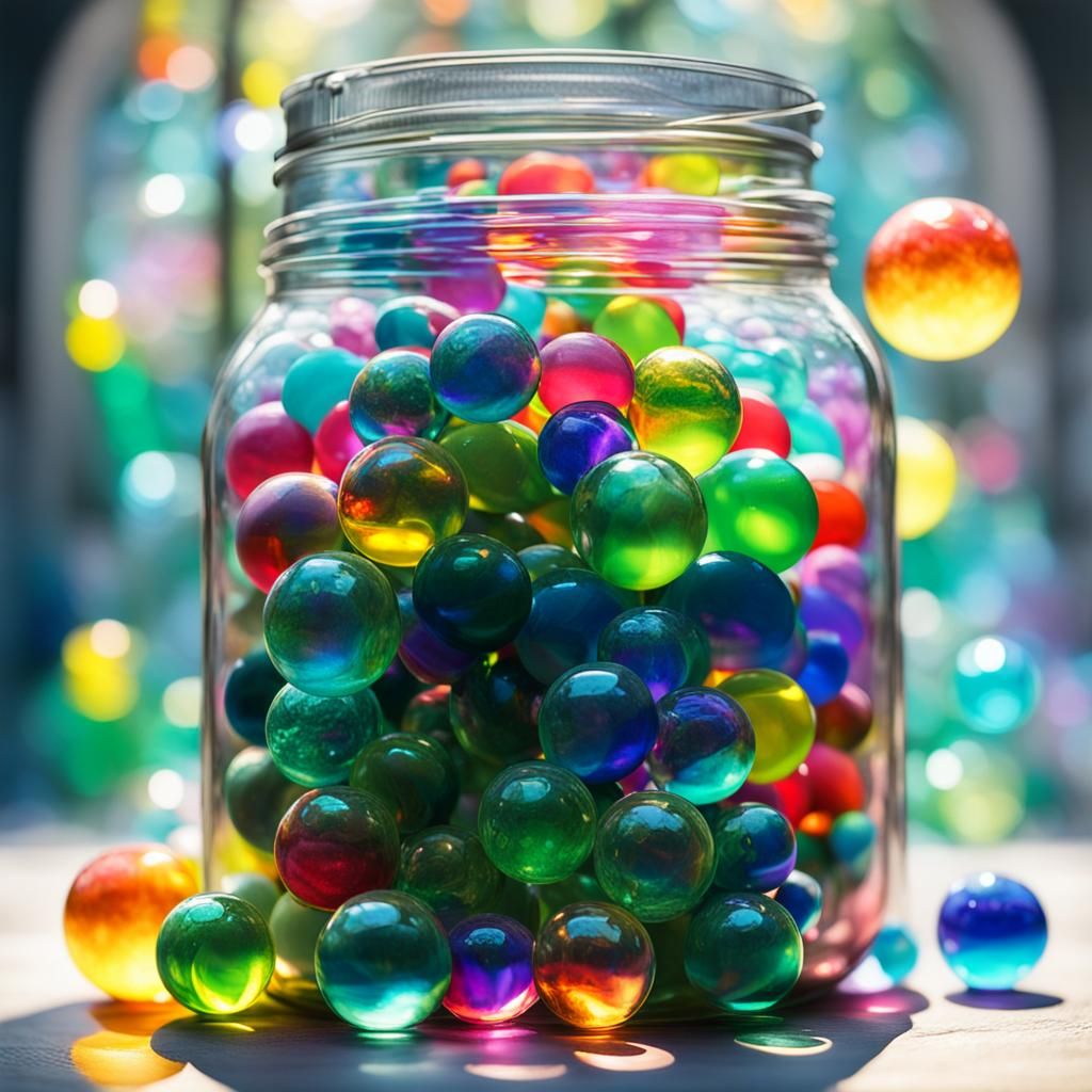 A green tinted mason jar filled with colorful neon transpare...