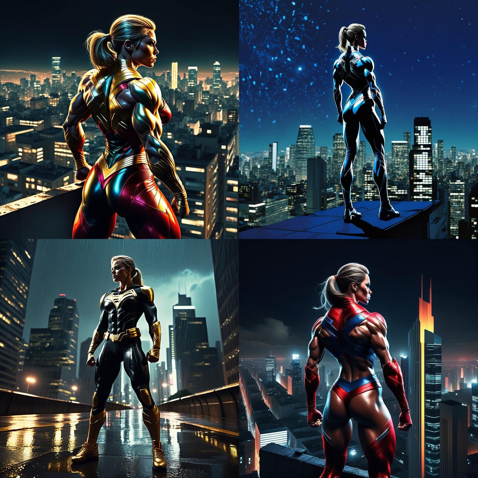 Superheroine Bodybuilder Overlooking City at Night