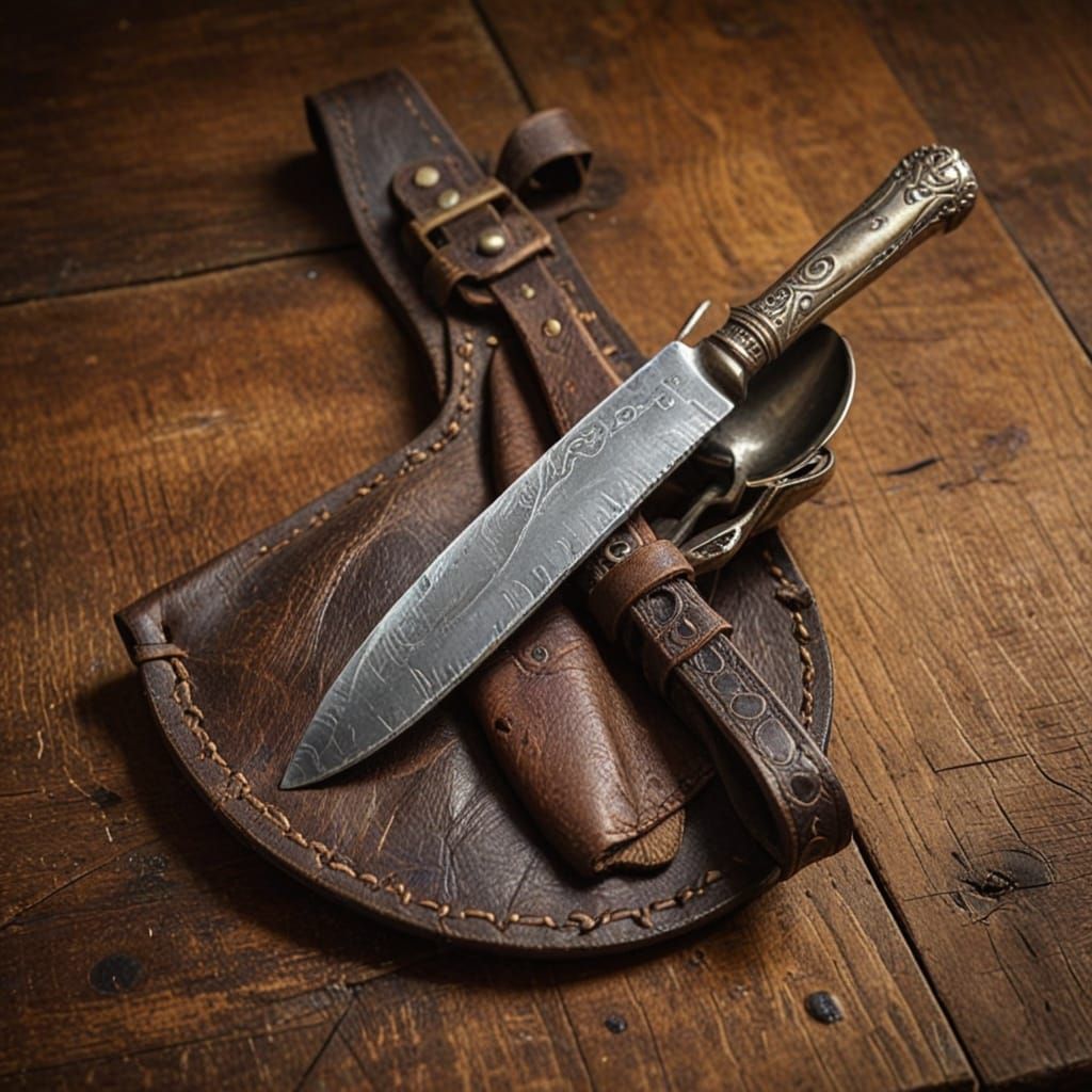 Medieval Still Life: Knife, Fork, Spoon, and Pouch