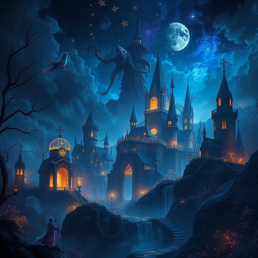 Dreamlike Nighttime Cityscape in Vibrant Matte Painting Styl...